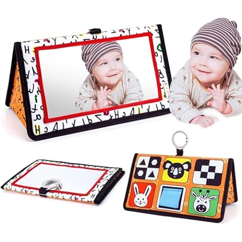 Playful Tummy Time Mirror Toy with Teethers - Delightful High-Contrast Newborn Baby Entertainment for Infants