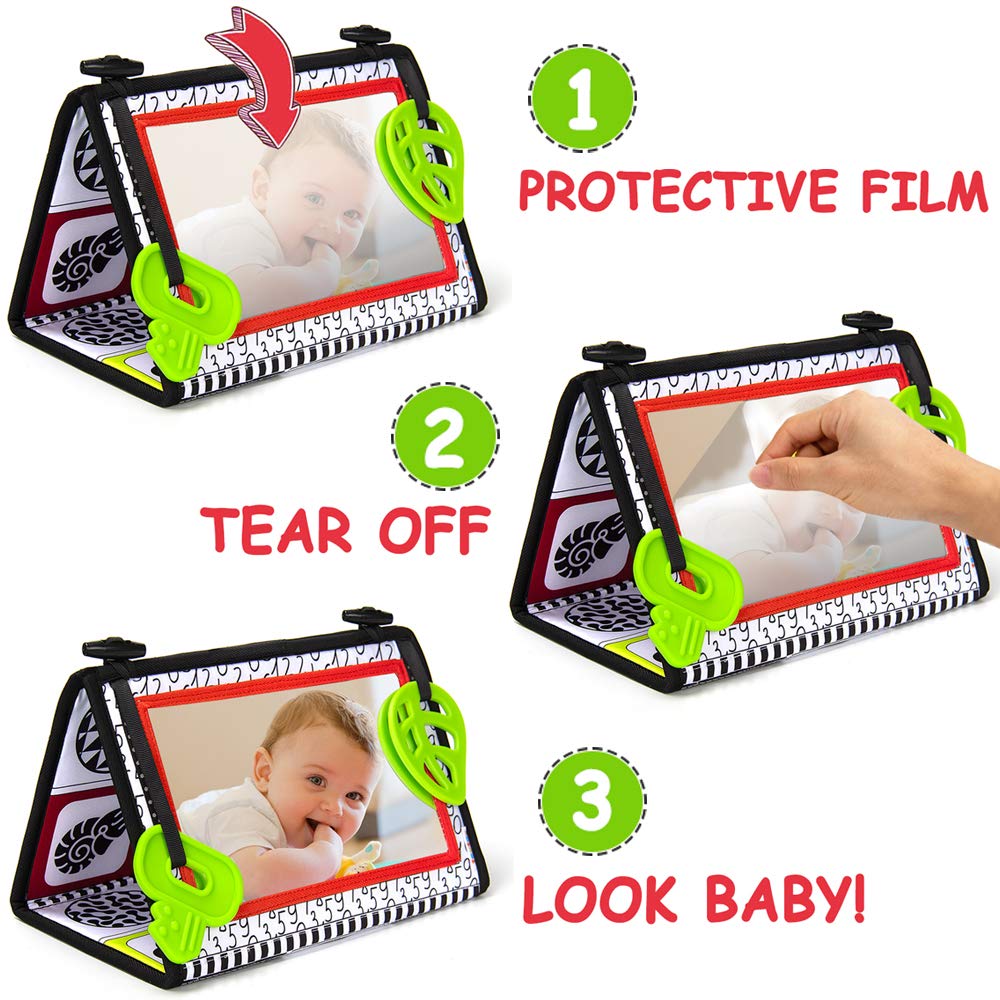 Playful Tummy Time Mirror Toy with Teethers - Delightful High-Contrast Newborn Baby Entertainment for Infants