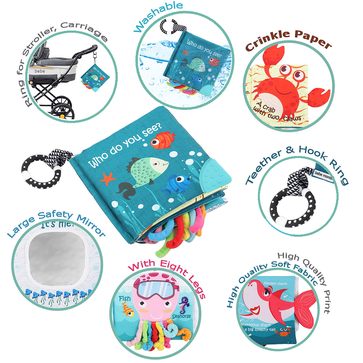 The Ocean Adventure Crinkle Baby Sensory Play Book with Teether Ring