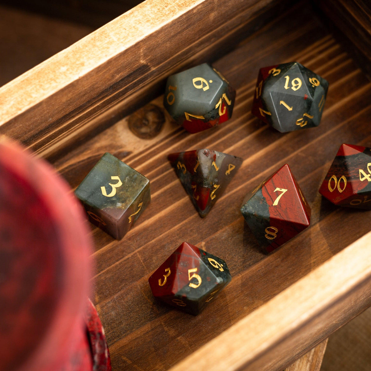 African Bloodstone Hand Carved Gemstone DND Dice Set