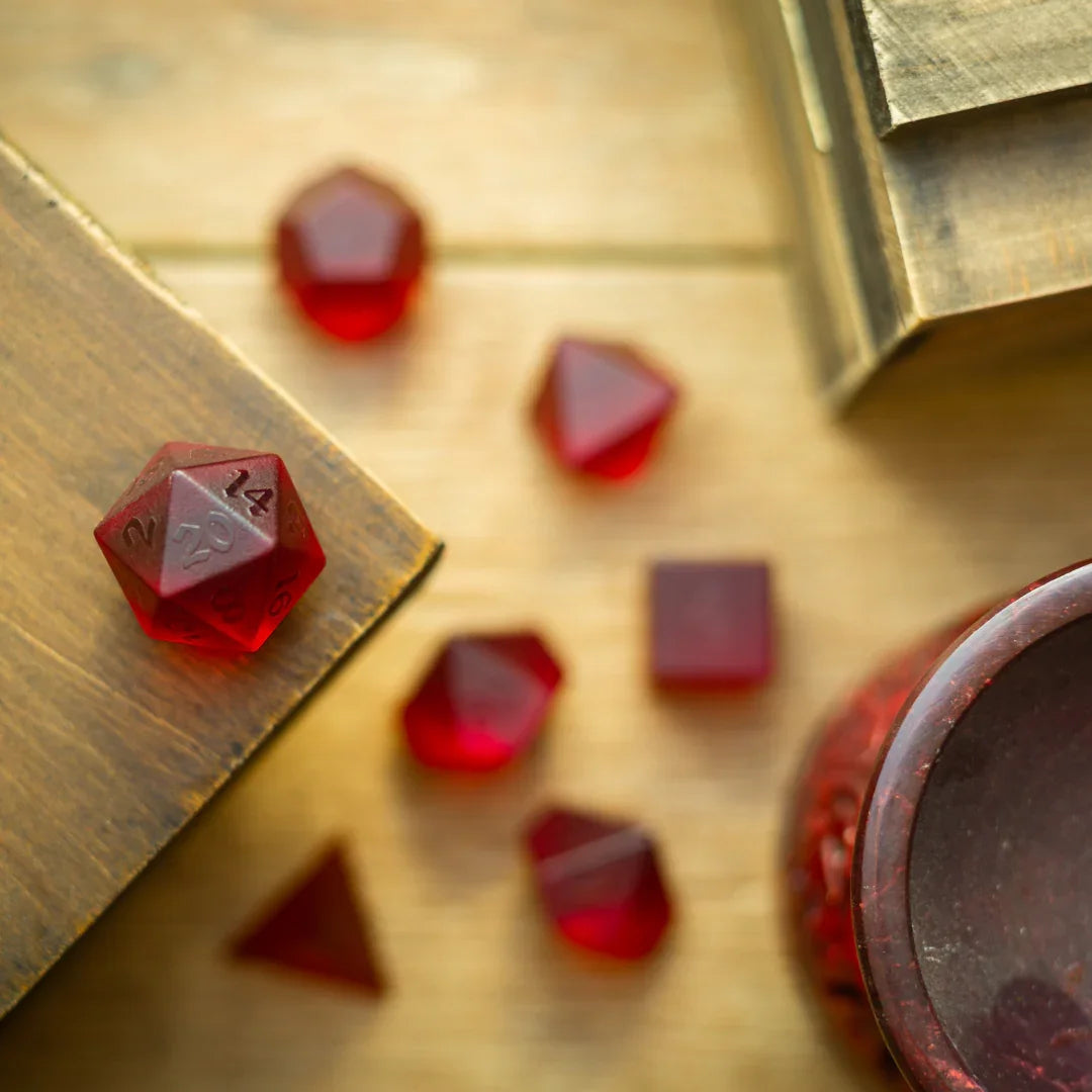Blood Red Raised Zircon Glass Hand Carved DND Dice Set