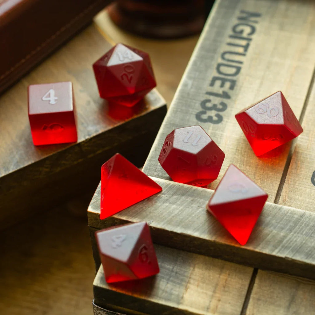 Blood Red Raised Zircon Glass Hand Carved DND Dice Set