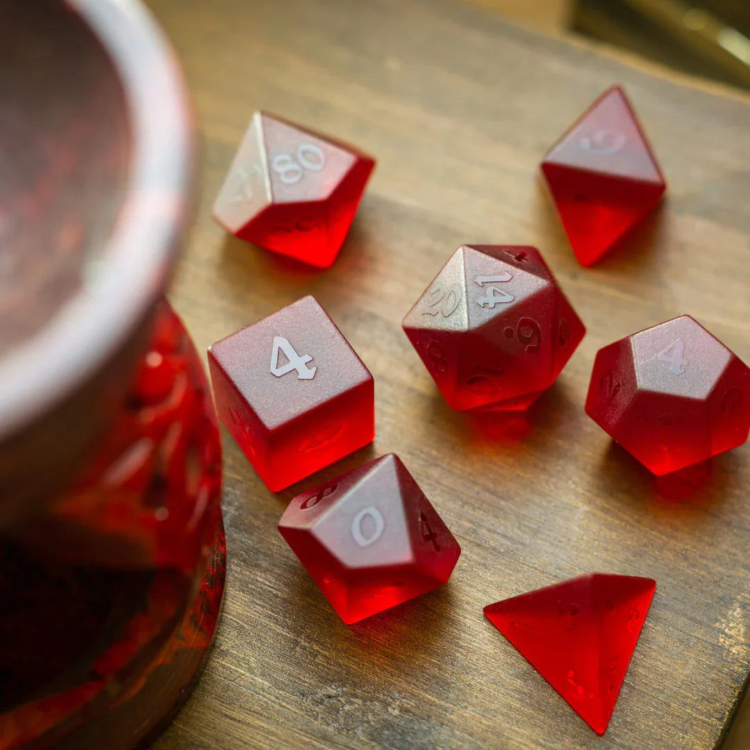 Blood Red Raised Zircon Glass Hand Carved DND Dice Set