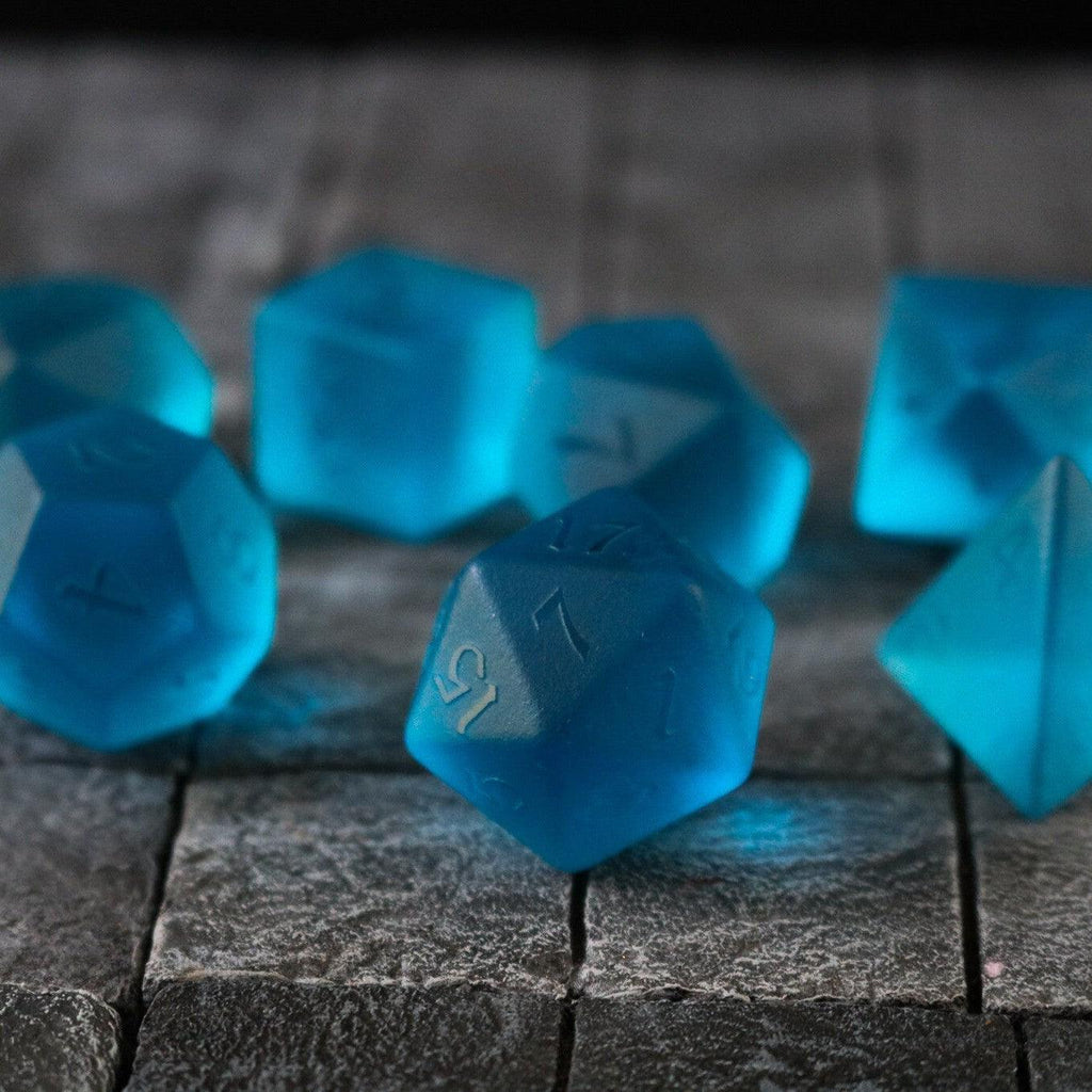 Blue Zircon Hand Carved Glass DND Dice Set