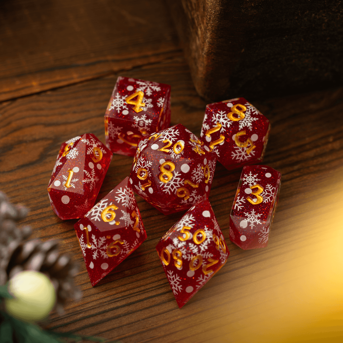 Christmas Red Snowflake Handmade Resin DND Dice Set