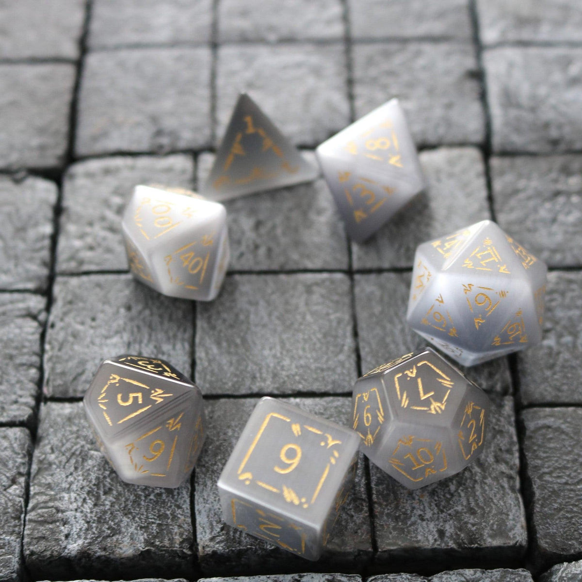 Dragon Shield Gray Cats Eye Gemstone DND Dice Set