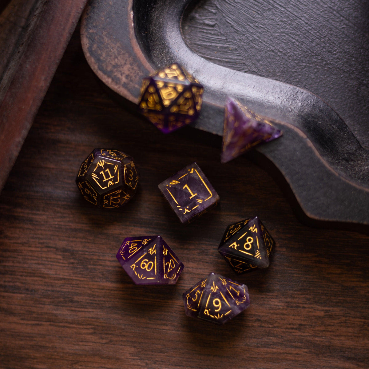 Dragon Shield Purple Amethyst Gemstone DND Dice Set