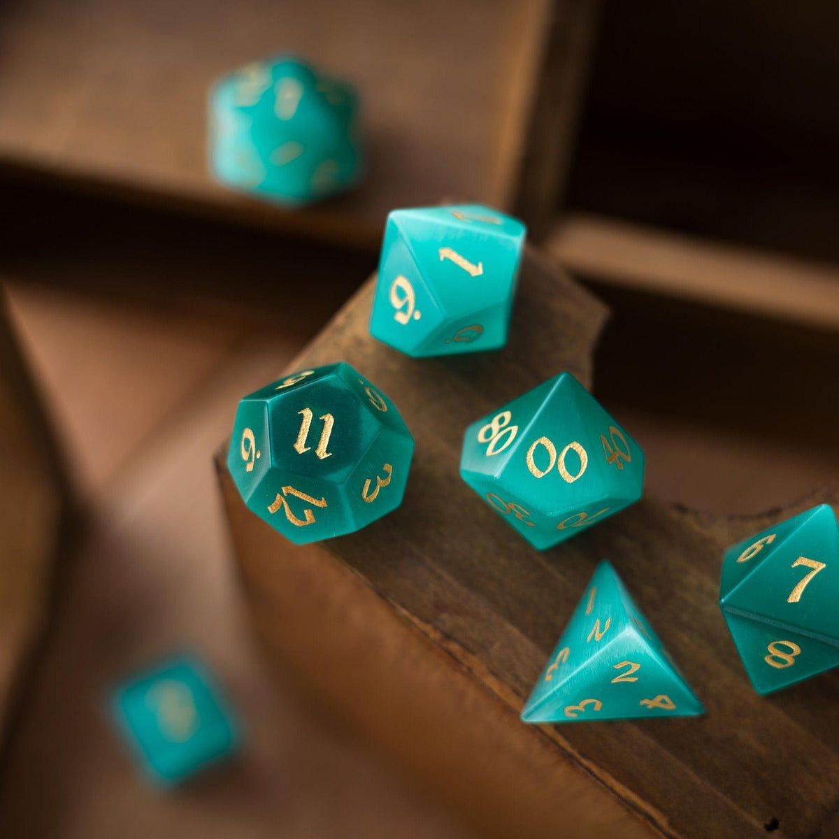 Gemstone Aquamarine Cats Eye Stone Hand Carved DND Dice Set