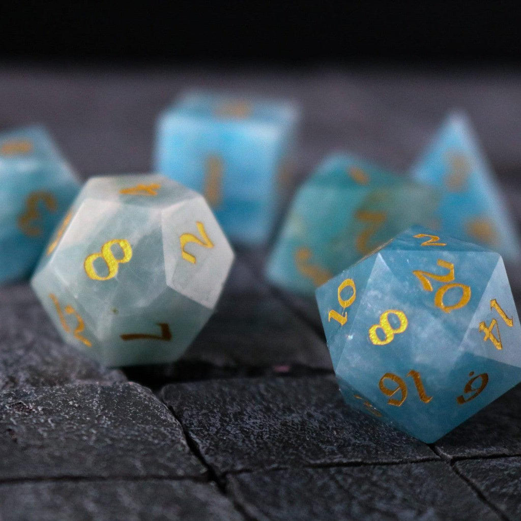 Gemstone Blue Aquamarine Stone Hand Carved DND Dice Set