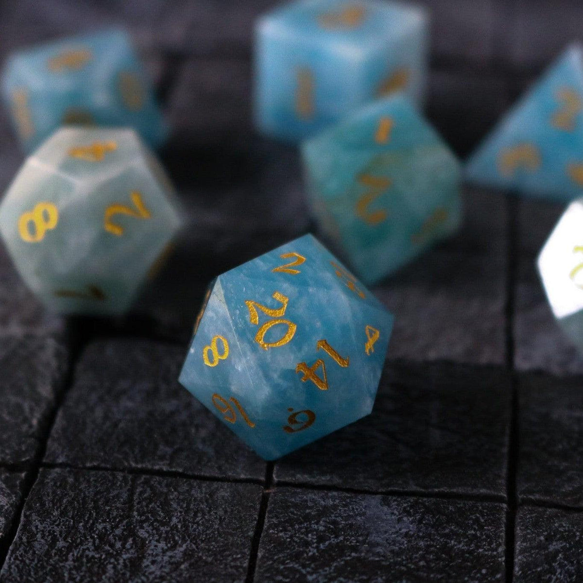Gemstone Blue Aquamarine Stone Hand Carved DND Dice Set