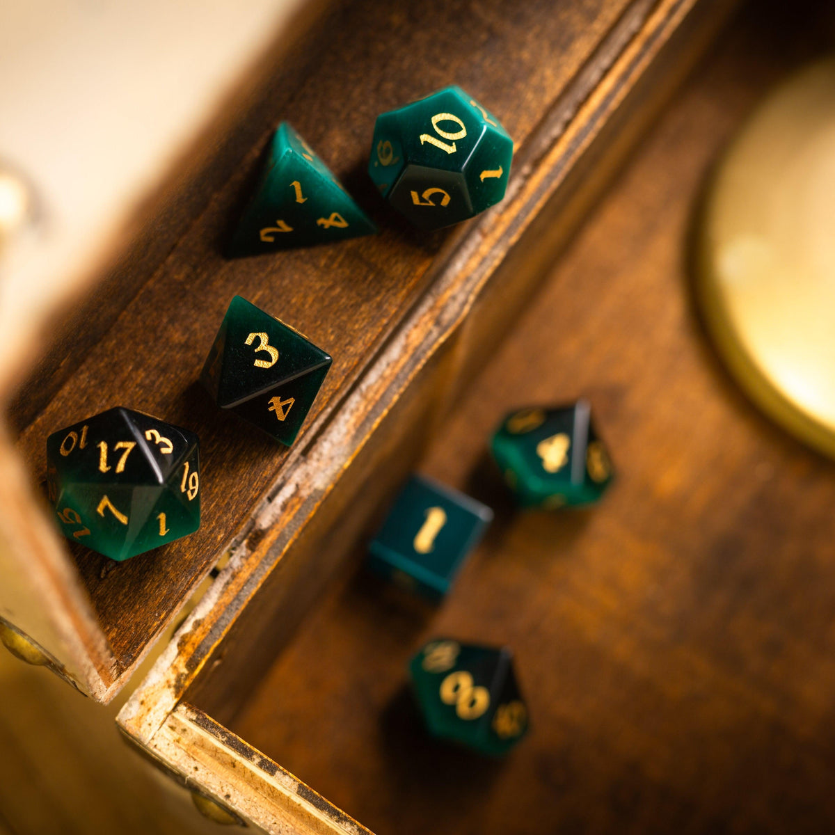 Gemstone Dark Green Cats Eye Stone Hand Carved DND Dice Set