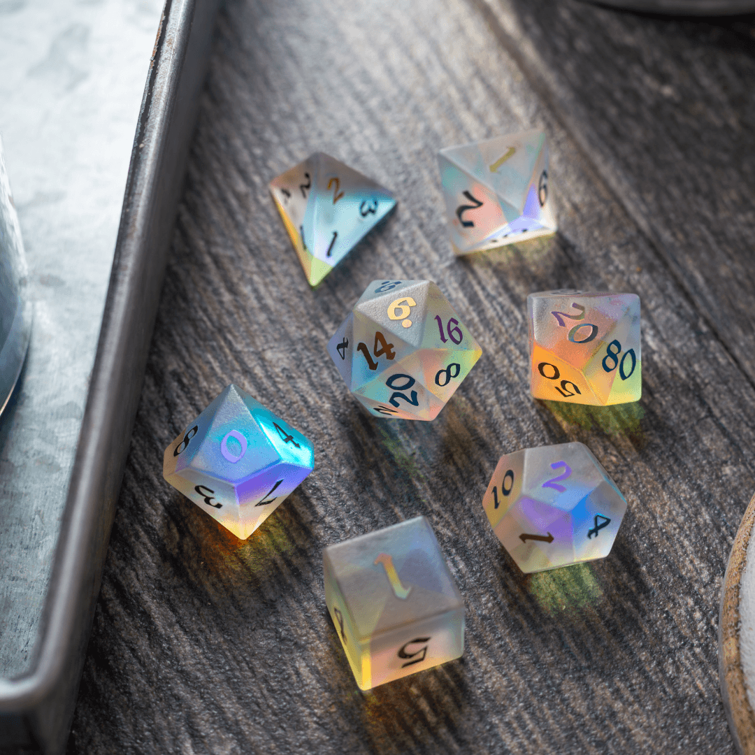 Gemstone (Inked) Raised Dichroic Glass DND Dice Set