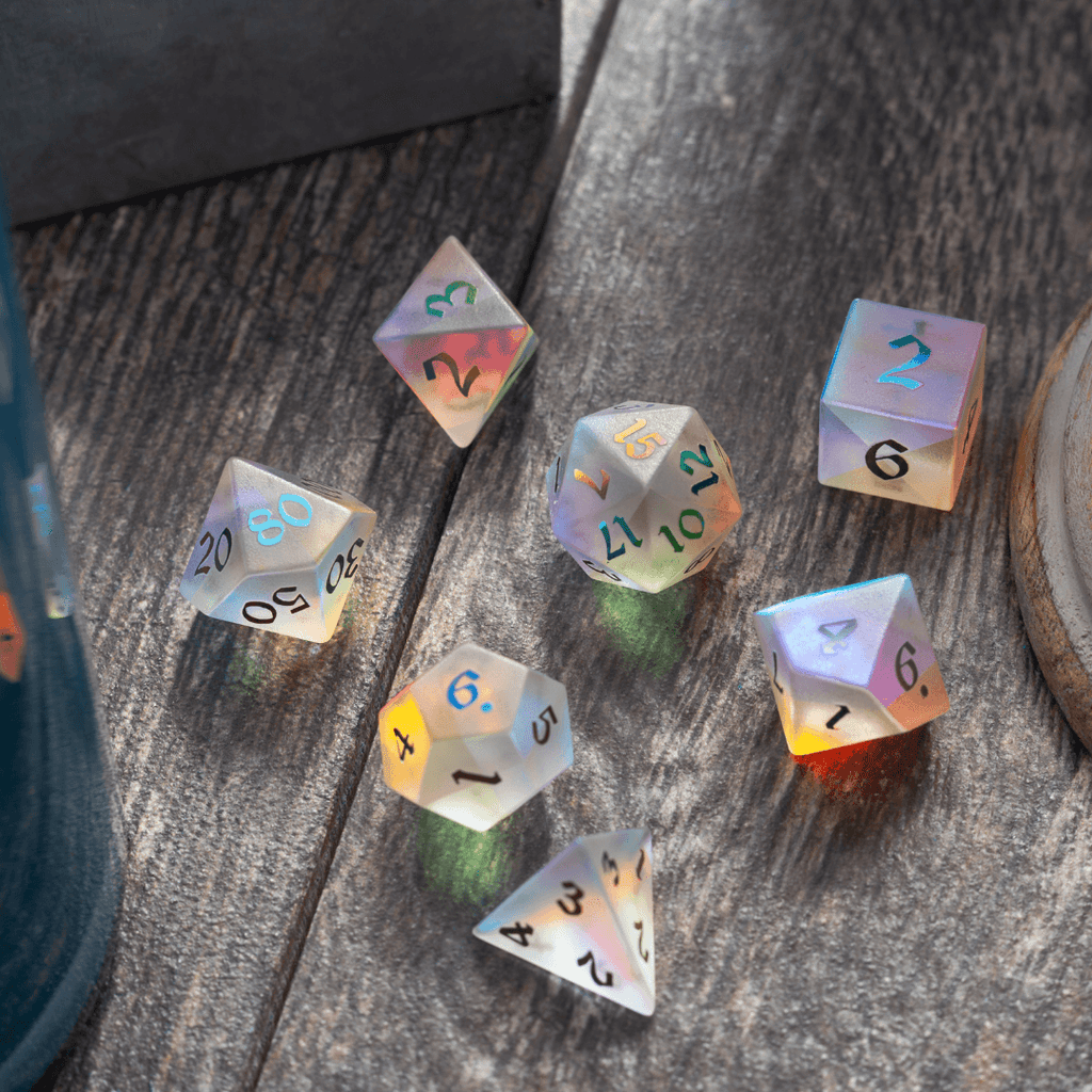 Gemstone (Inked) Raised Dichroic Glass DND Dice Set