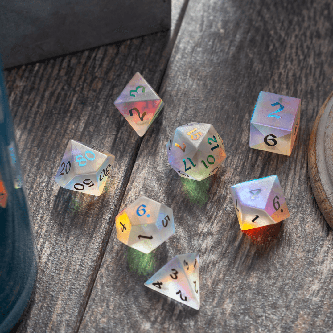 Gemstone (Inked) Raised Dichroic Glass DND Dice Set