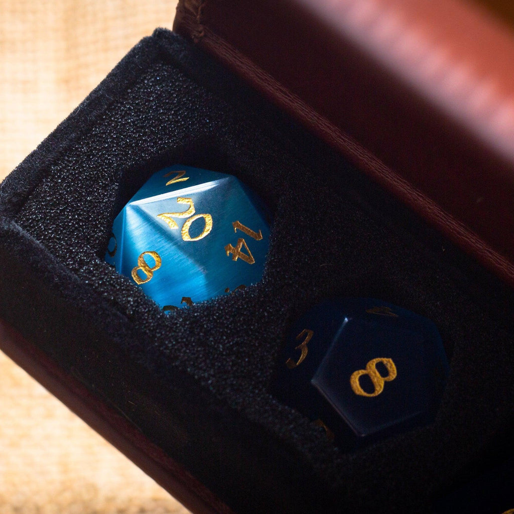 Gemstone Light Blue Cats Eye Stone Hand Carved DND Dice Set