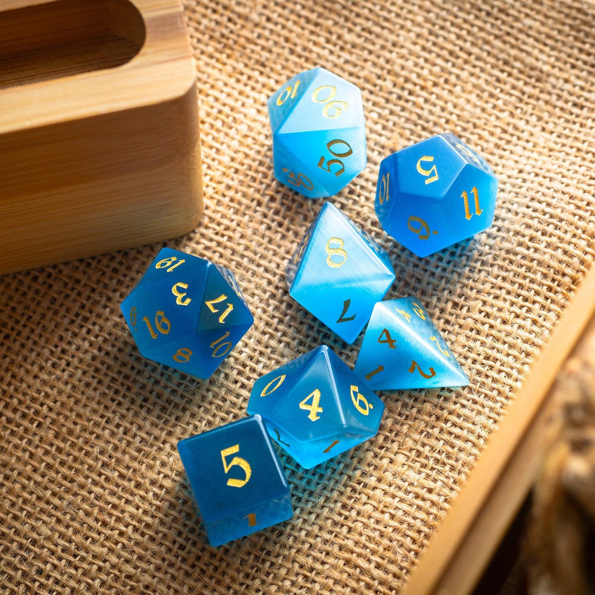 Gemstone Light Blue Cats Eye Stone Hand Carved DND Dice Set