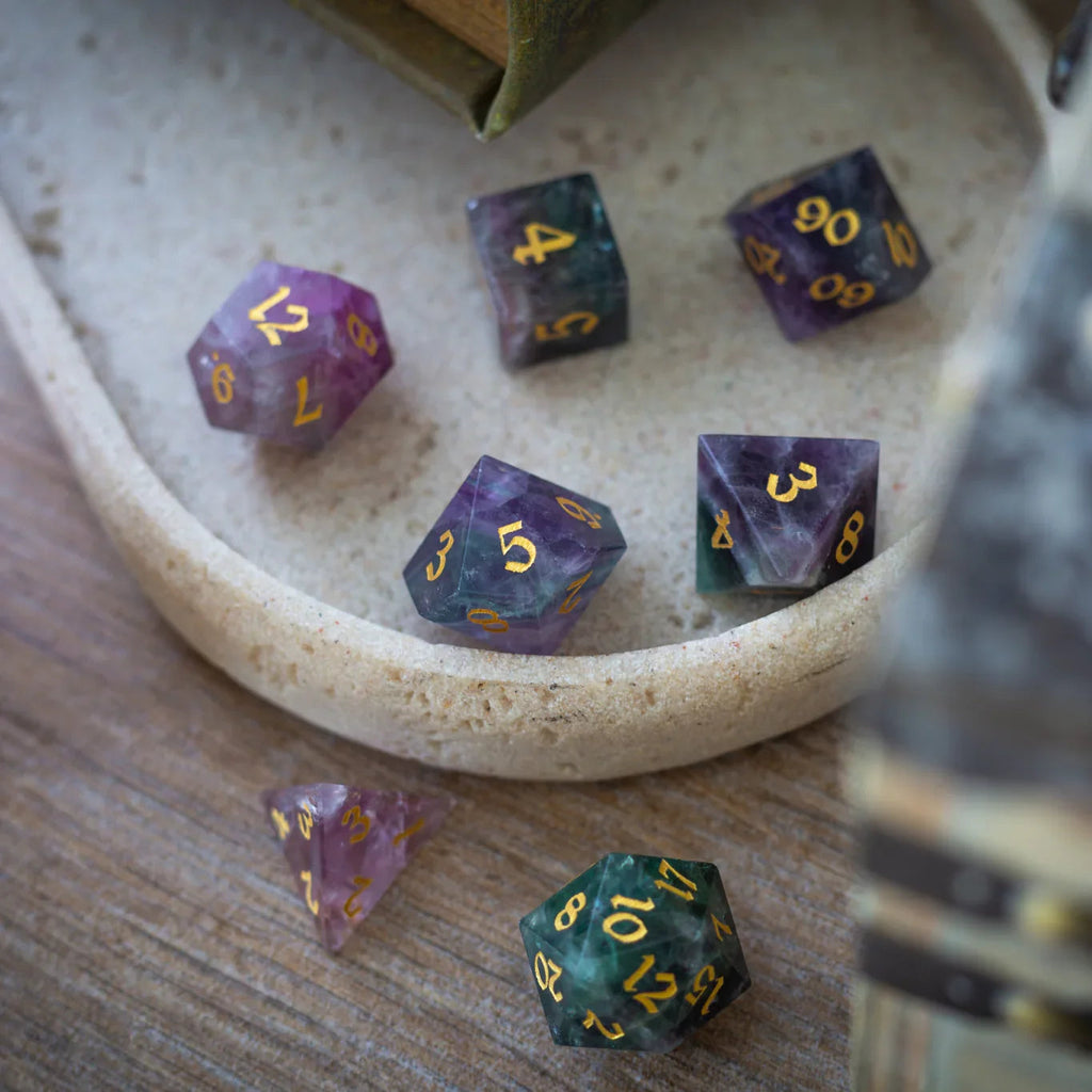 Gemstone Rainbow Fluorite Hand Carved DND Dice Set
