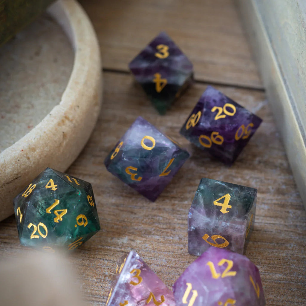 Gemstone Rainbow Fluorite Hand Carved DND Dice Set