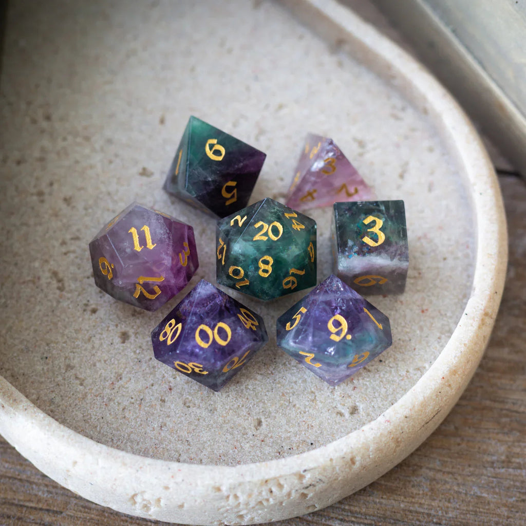 Gemstone Rainbow Fluorite Hand Carved DND Dice Set