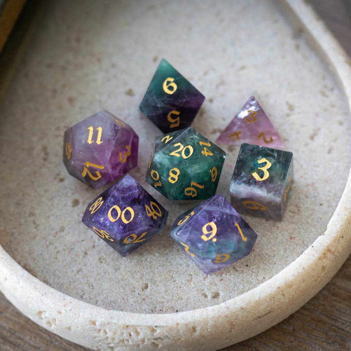 Gemstone Rainbow Fluorite Hand Carved DND Dice Set