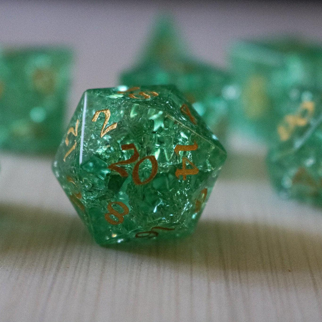 Green Lightning Cracked Glass DND Dice Set