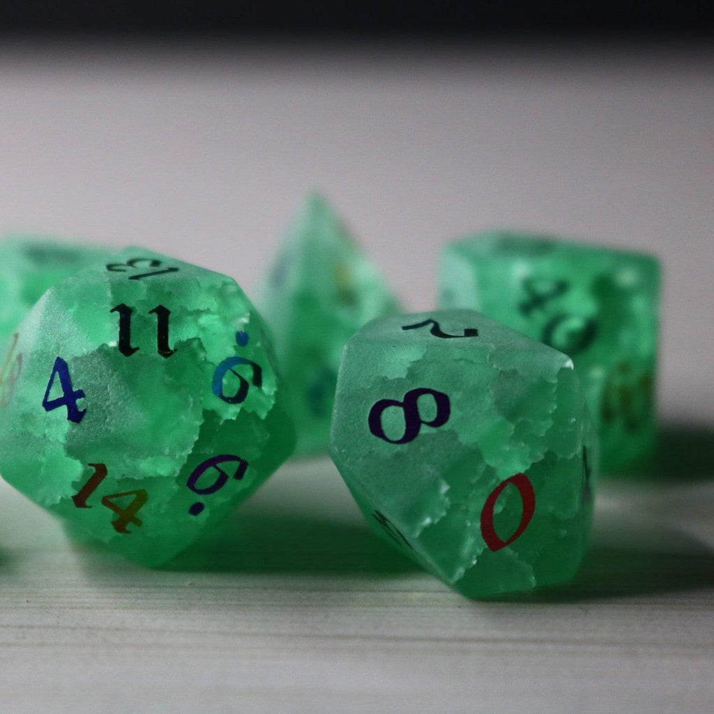 Green Mint Inked Lightning Cracked Glass DND Dice Set