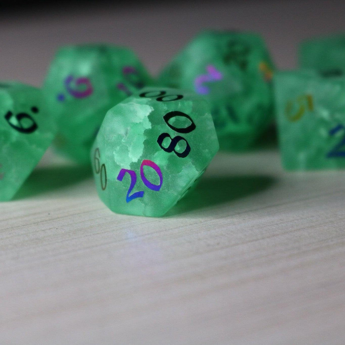 Green Mint Inked Lightning Cracked Glass DND Dice Set