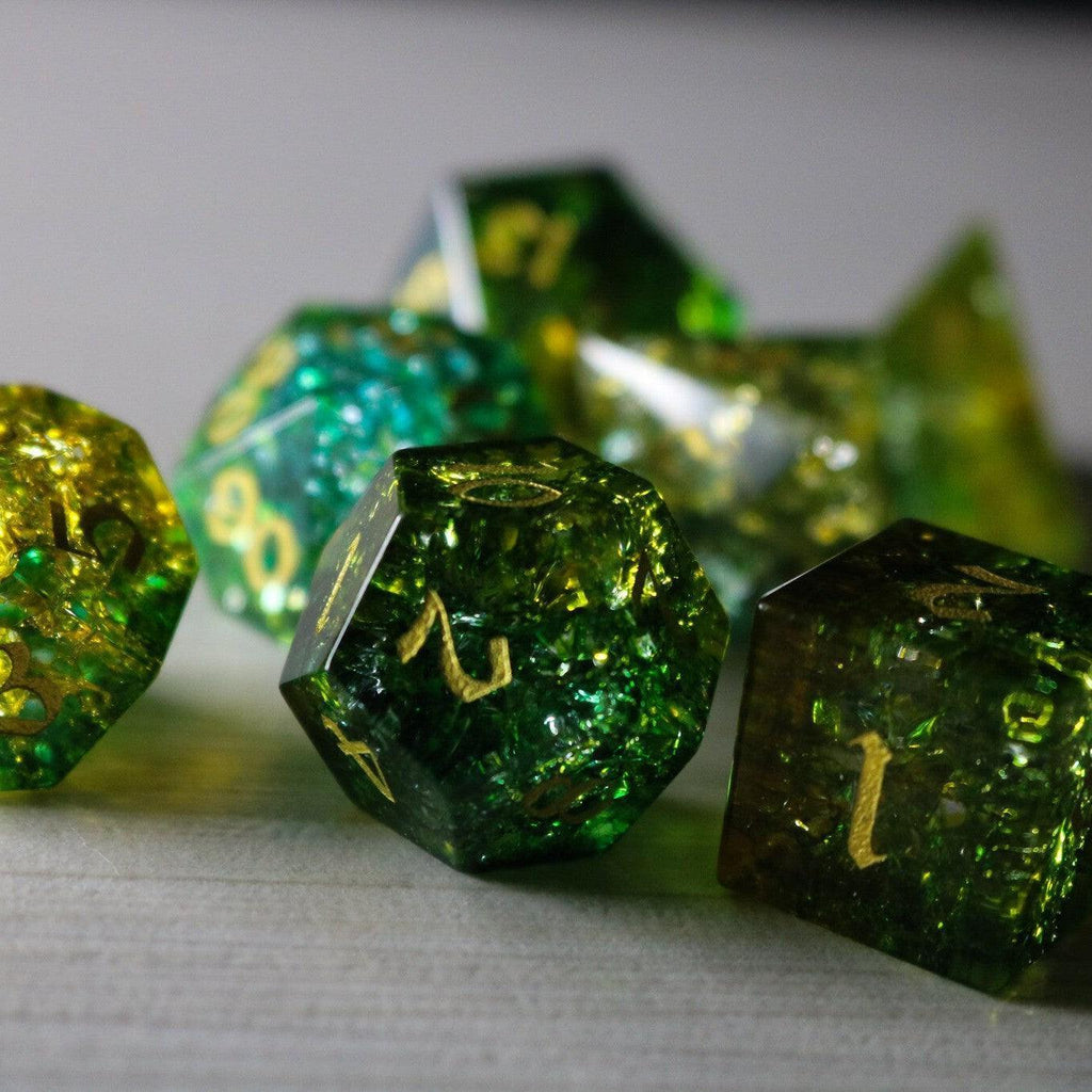 Green Poison Forge Fire Cracked Glass DND Dice Set