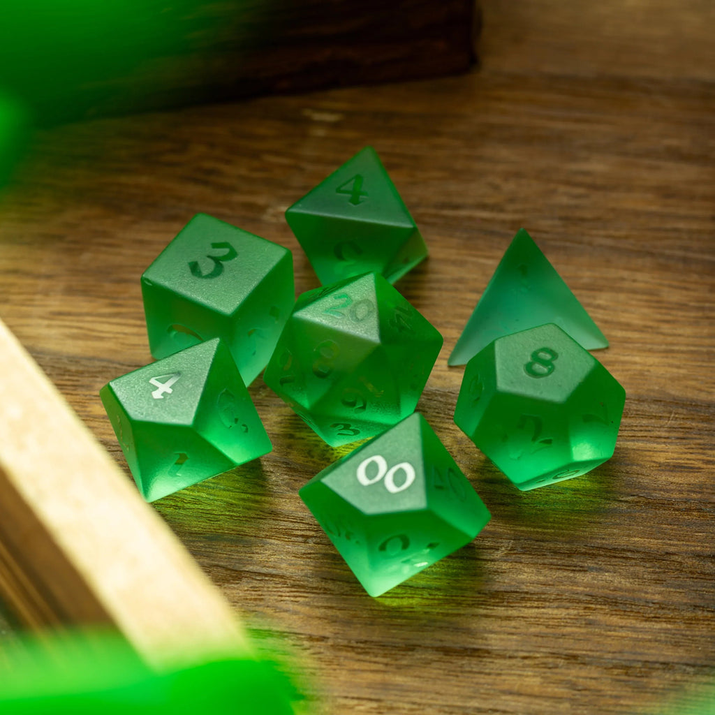 Green Raised Zircon Glass Hand Carved DND Dice Set