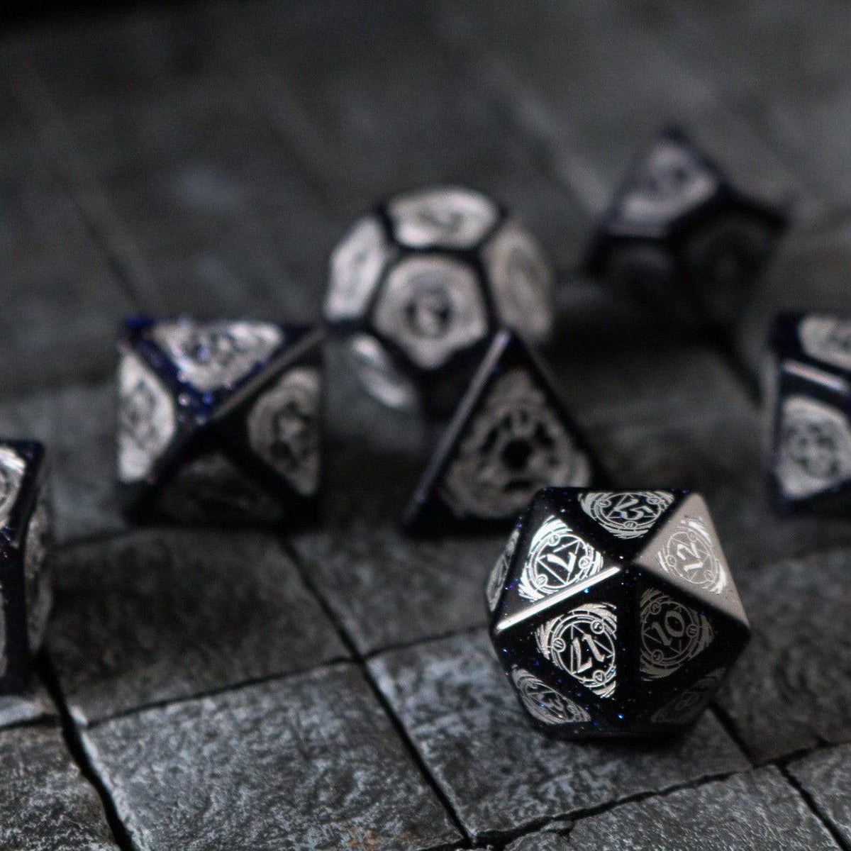 Mage Fury Blue Sandstone Silver Font Gemstone DND Dice Set