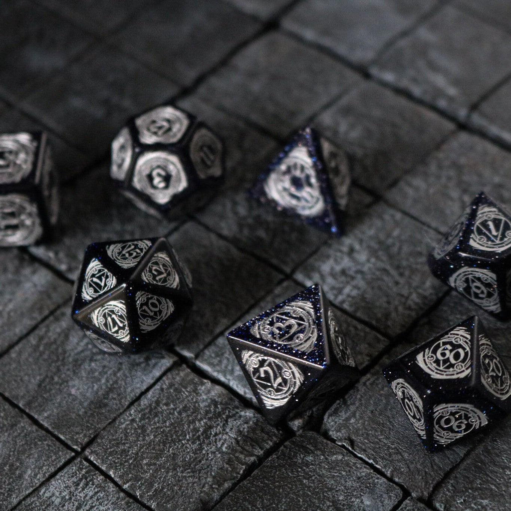 Mage Fury Blue Sandstone Silver Font Gemstone DND Dice Set