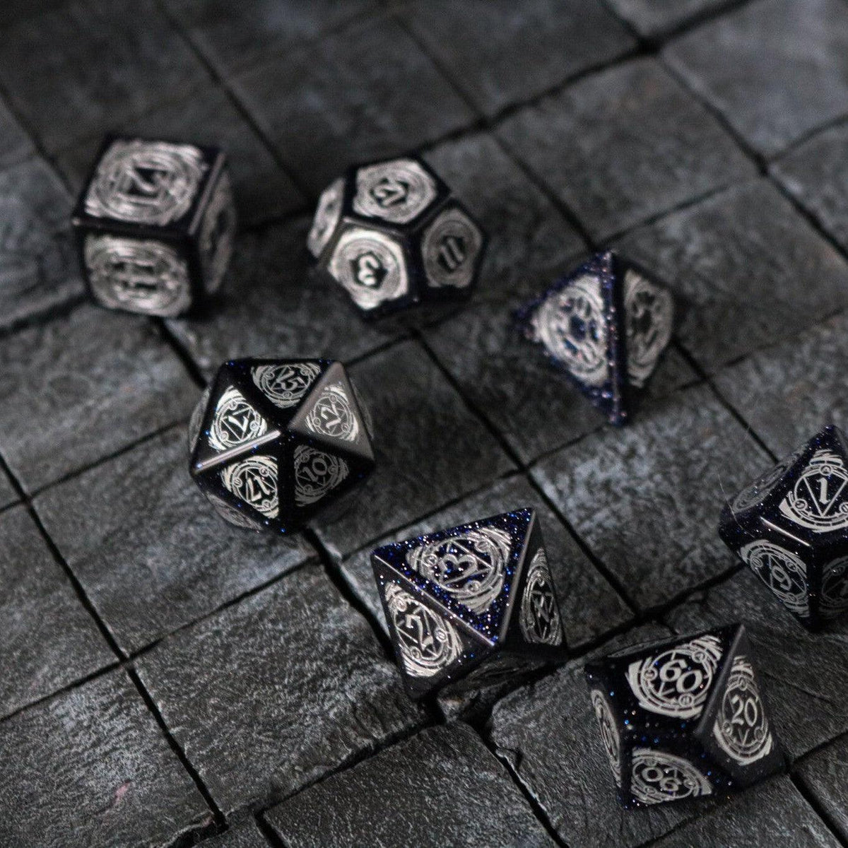 Mage Fury Blue Sandstone Silver Font Gemstone DND Dice Set