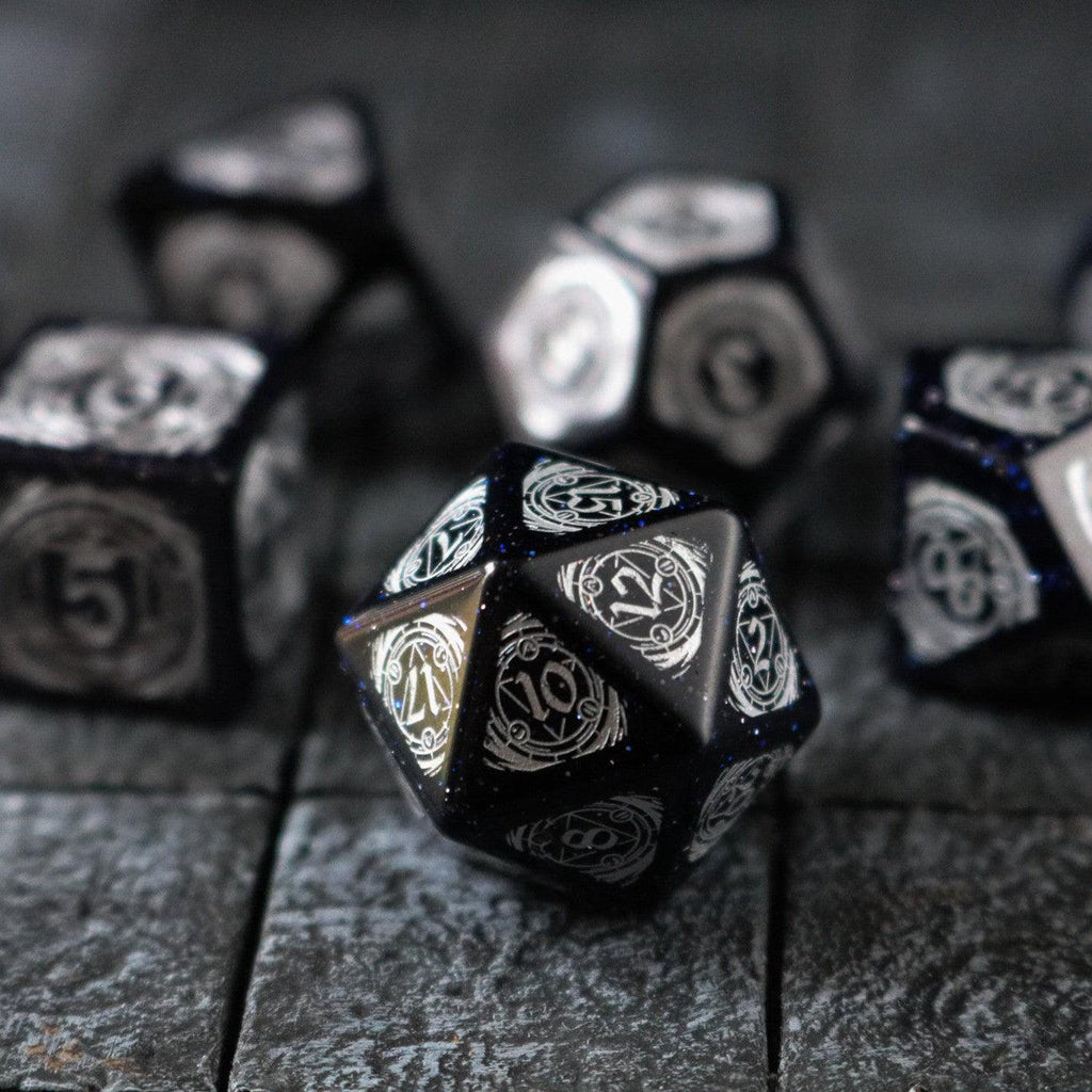 Mage Fury Blue Sandstone Silver Font Gemstone DND Dice Set