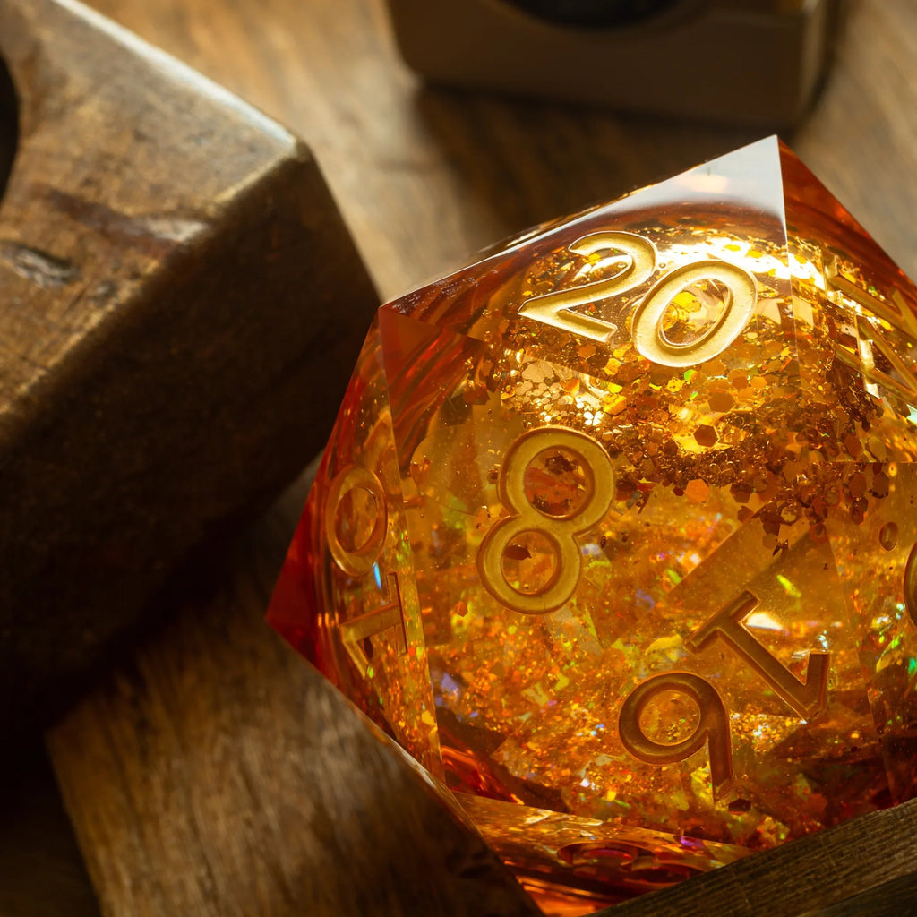 Massive Gold And Glitter Fireball Liquid Core 95MM Chonk Handmade Resin Dice And Box