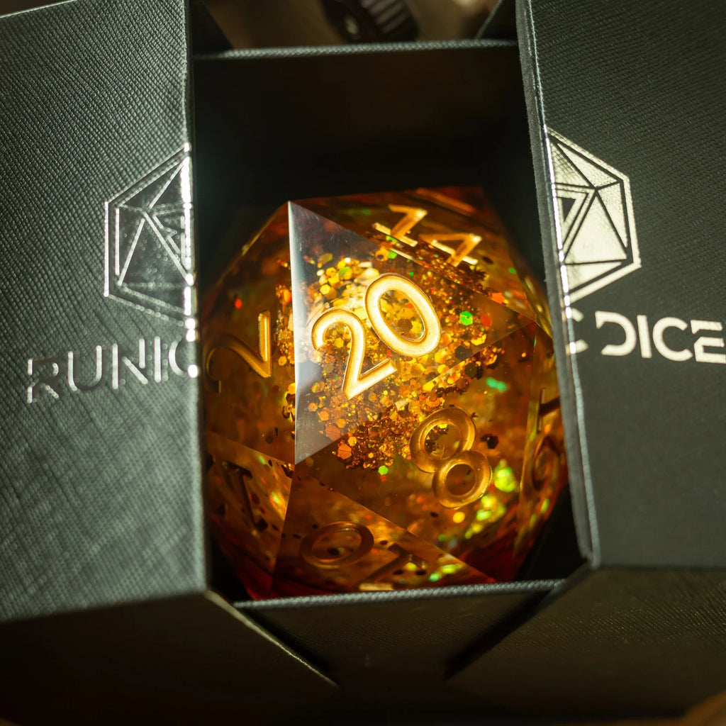 Massive Gold And Glitter Fireball Liquid Core 95MM Chonk Handmade Resin Dice And Box