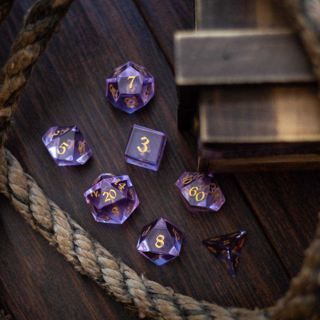 Purple Zircon Glass Hand Carved DND Dice Set
